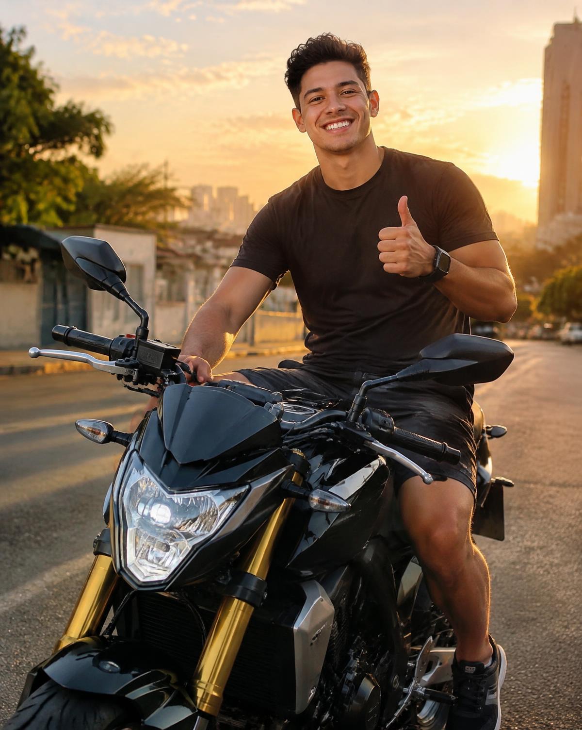 Jovem feliz sentado na moto nova